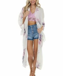 Trend Notes Ivory Large Floral Print Open Front Woven Duster Kimono