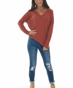Reborn J Tops Rust V Neck Waffle Knit Top With Chest Pocket
