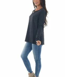 BiBi Tops Melange Black Long Sleeve Thumb Hole Knit Top