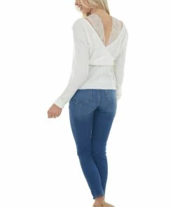 143 Story Tops Ivory Lace Strap Ribbed Knit Light Sweater