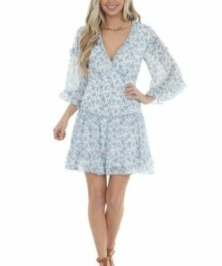 She + Sky Ocean Ditsy Floral Tiered Short Dress With Open Back Detail