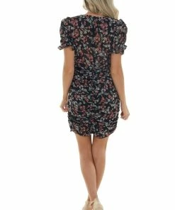 GeeGee Black Floral Print Plunging Neck Bodycon Dress Dresses