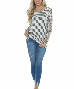 Haptics Ivory Striped Knit Top With Leopard Contrast