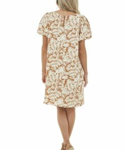 Ces Femme Light Sepia Leaf Print Woven Dress With Short Puff Sleeves Dresses 27 Ces Femme Light Sepia Leaf Print Woven Dress With Short Puff Sleeves Dresses