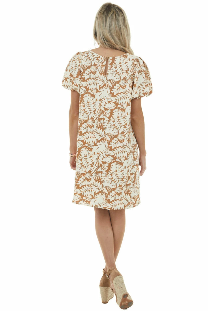 Ces Femme Light Sepia Leaf Print Woven Dress With Short Puff Sleeves Dresses 12 Ces Femme Light Sepia Leaf Print Woven Dress With Short Puff Sleeves Dresses