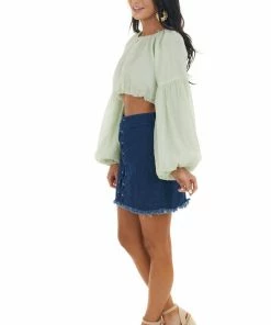 Emory Park Dusty Sage Long Bubble Sleeve Woven Crop Top Tops