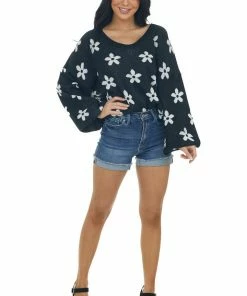 Peach Love Black And Ivory Daisy Print Sweater