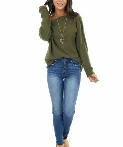 CY Fashion Olive Off Shoulder Waffle Knit Top With Zipper Detail Tops 30 CY Fashion Olive Off Shoulder Waffle Knit Top With Zipper Detail Tops