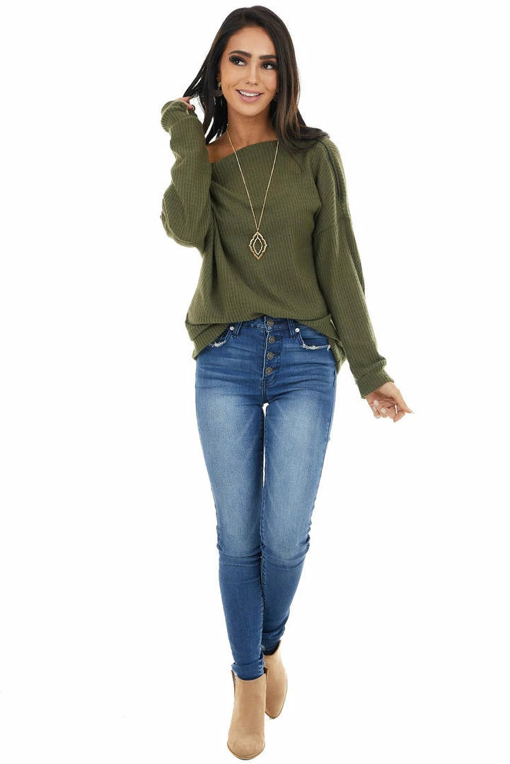 CY Fashion Olive Off Shoulder Waffle Knit Top With Zipper Detail Tops 15 CY Fashion Olive Off Shoulder Waffle Knit Top With Zipper Detail Tops