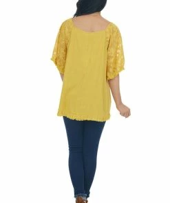 Umgee Mustard Floral Textured Mesh Sleeve Blouse Tops 31 Umgee Mustard Floral Textured Mesh Sleeve Blouse Tops