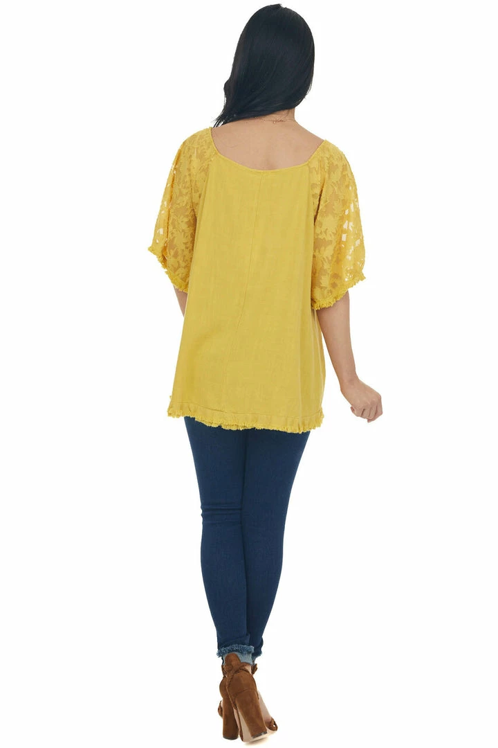 Umgee Mustard Floral Textured Mesh Sleeve Blouse Tops 16 Umgee Mustard Floral Textured Mesh Sleeve Blouse Tops
