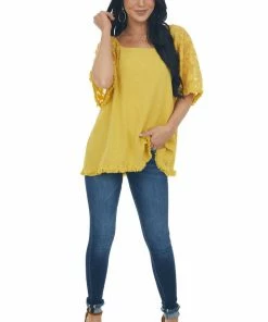 Umgee Mustard Floral Textured Mesh Sleeve Blouse Tops 32 Umgee Mustard Floral Textured Mesh Sleeve Blouse Tops