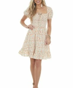 Sweet Lemon Ivory And Sunset Floral Smocked Short Dress