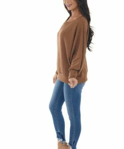 143 Story Tops Sepia Textured Knit Banded Dolman Sleeve Top
