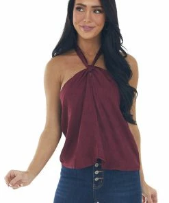 LE LIS Maroon Floral Textured Halter Neck Top