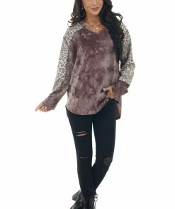 Easel Mauve Tie Dye And Animal Print Long Sleeve Top Tops