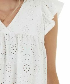 Ces Femme Pearl Short Flutter Sleeve Babydoll Eyelet Lace Knit Top
