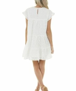 Hayden Off White Eyelet Woven Short Dress With Ruffle Sleeves