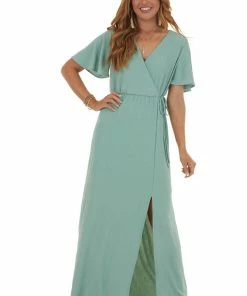 Vanilla Bay Light Juniper Surplice Maxi Dress With Slit