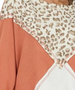 First Love Terracotta Leopard Colorblock Long Dolman Sleeve Knit Top