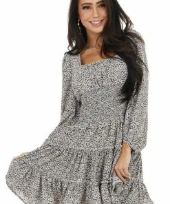 Bighit Fashion Black Floral Print Tiered Woven Dress With Smocked Waist