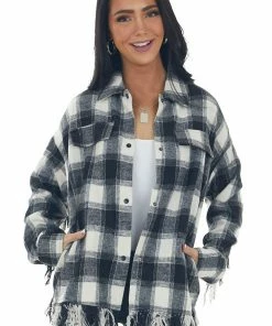 143 Story Ivory Plaid Shirt Jacket With Fringe Details