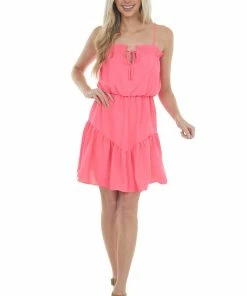 Caramela Neon Pink Sleeveless Tiered Short Woven Dress