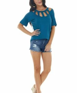 BiBi Tops Dark Ocean Blue Short Sleeve Knit Top With Caged Neckline