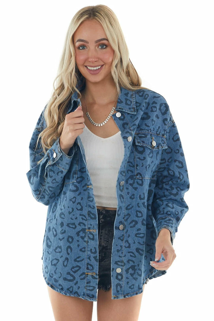 Davi & Dani Dark Wash Leopard Print Oversized Denim Jacket 11 Davi & Dani Dark Wash Leopard Print Oversized Denim Jacket
