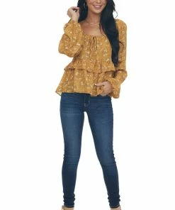 Peach Love Marigold Floral Print Bubble Sleeve Blouse 29 Peach Love Marigold Floral Print Bubble Sleeve Blouse