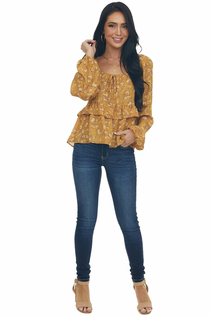 Peach Love Marigold Floral Print Bubble Sleeve Blouse 14 Peach Love Marigold Floral Print Bubble Sleeve Blouse