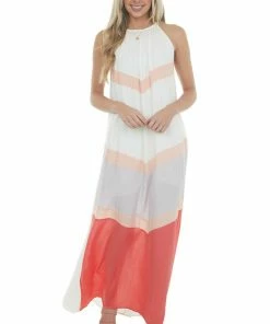 Main Strip Ivory And Coral Chevron Colorblock Halter Neck Maxi Dress 23 Main Strip Ivory And Coral Chevron Colorblock Halter Neck Maxi Dress