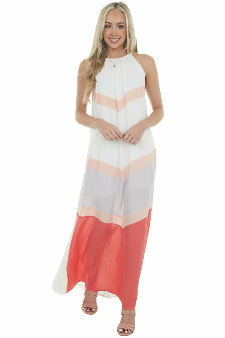 Main Strip Ivory And Coral Chevron Colorblock Halter Neck Maxi Dress 10 Main Strip Ivory And Coral Chevron Colorblock Halter Neck Maxi Dress