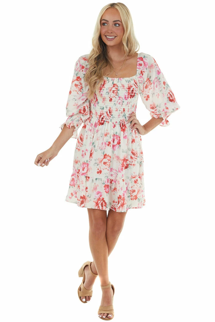 Peach Love Cream And Ruby And Smocked Bust Long Sleeve Mini Dress Dresses 12 Peach Love Cream And Ruby And Smocked Bust Long Sleeve Mini Dress Dresses