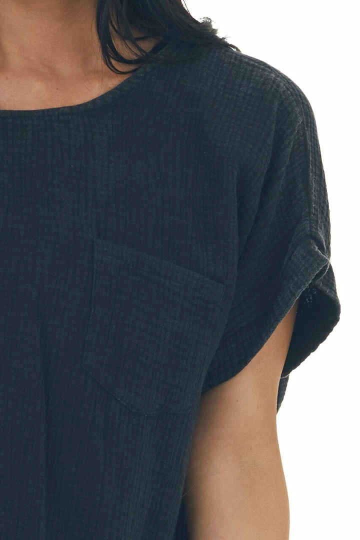 Umgee Tops Charcoal Mineral Washed Top With Chest Pocket 5 Umgee Tops Charcoal Mineral Washed Top With Chest Pocket