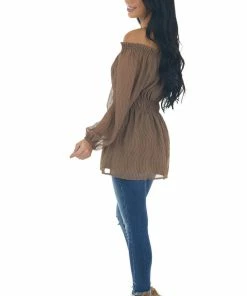 143 Story Coffee Textured Off Shoulder Smocked Waist Top Tops 26 143 Story Coffee Textured Off Shoulder Smocked Waist Top Tops