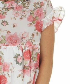 Bighit Fashion Ivory Floral Print Babydoll Short Dress With Short Sleeves Dresses