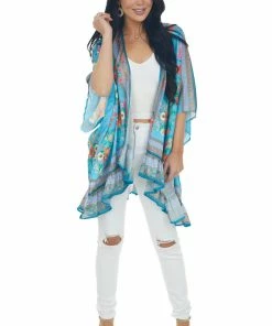 Umgee Ocean Floral Short Sleeve Open Front Kimono Tops