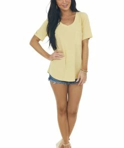 Style Melody Tops Yellow Short Sleeve Chest Pocket Knit Top 25 Style Melody Tops Yellow Short Sleeve Chest Pocket Knit Top