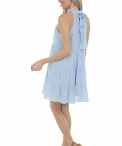 Entro Pastel Blue Halter Neck Tiered Short Dress