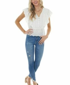 Davi & Dani White Short Sleeve Top With Buttons And Floral Eyelet Lace Tops