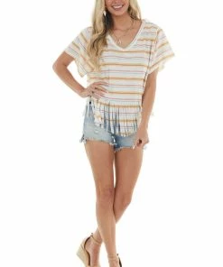 Peach Love Cream Multicolor Striped Fringed Hem Knit Top