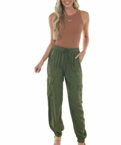 ANGIE Olive Elastic Waist Woven Cargo Pocket Joggers