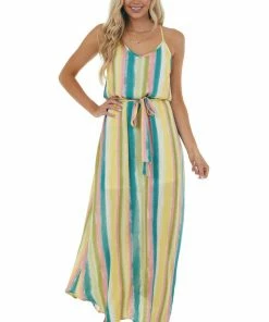 FSL APPAREL Dresses Sea Blue Striped Maxi Dress With Tie Waist