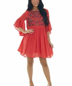 Umgee Ruby Red Floral Embroidered Flowy Short Dress