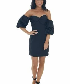 1 Funky Black Ruched Bust Mini Dress With Puff Sleeves