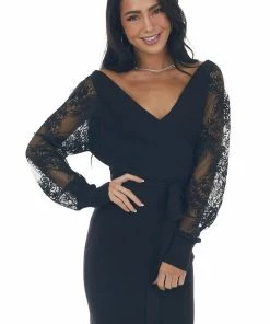 Lush Clothing Black Ribbed Knit Mini Dress With Lace Sleeves Dresses