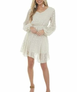 Miss Sparkling Cream Swiss Dot Blouson Sheer Sleeve Dress Dresses