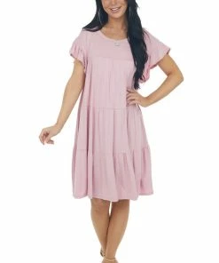 Eesome Carnation Pink Flutter Sleeve Tiered Dress