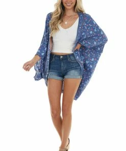 Davi & Dani Dusty Blue Floral Cocoon Hem Open Front Kimono 11 Davi & Dani Dusty Blue Floral Cocoon Hem Open Front Kimono